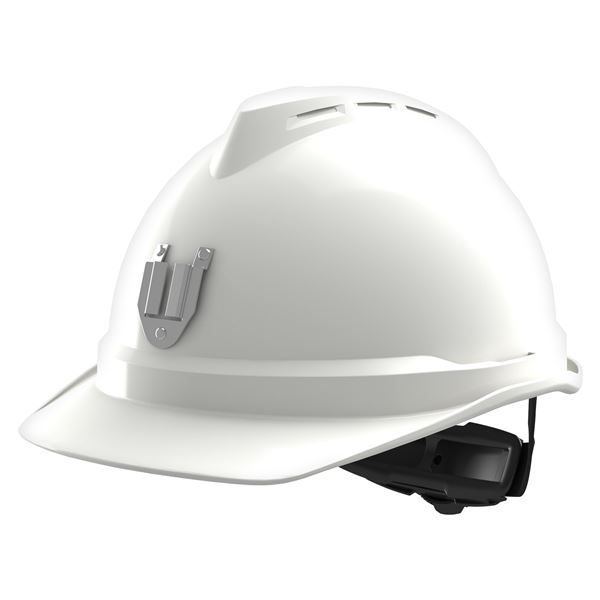 Ochranná prilba V-Gard 500, nevetraná, biela, Fas-Trac 3 PVC, predný kovový držiak na lampu 