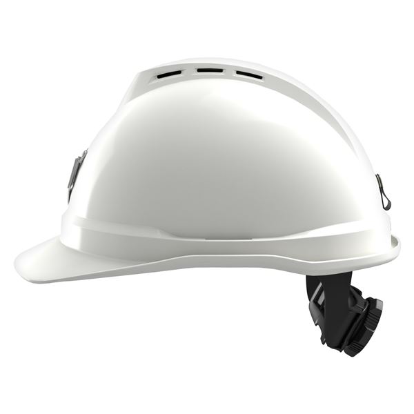 Ochranná prilba V-Gard 500, nevetraná, biela, Fas-Trac 3 PVC, predný kovový držiak na lampu 